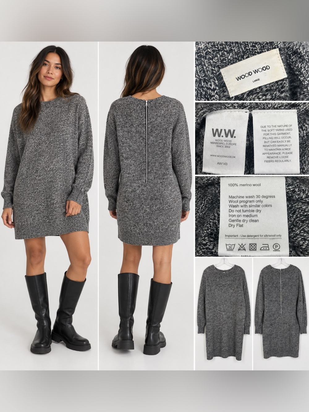Wood Wood 100% Merino Wool Marled Knit Sweater Dress Gray Large